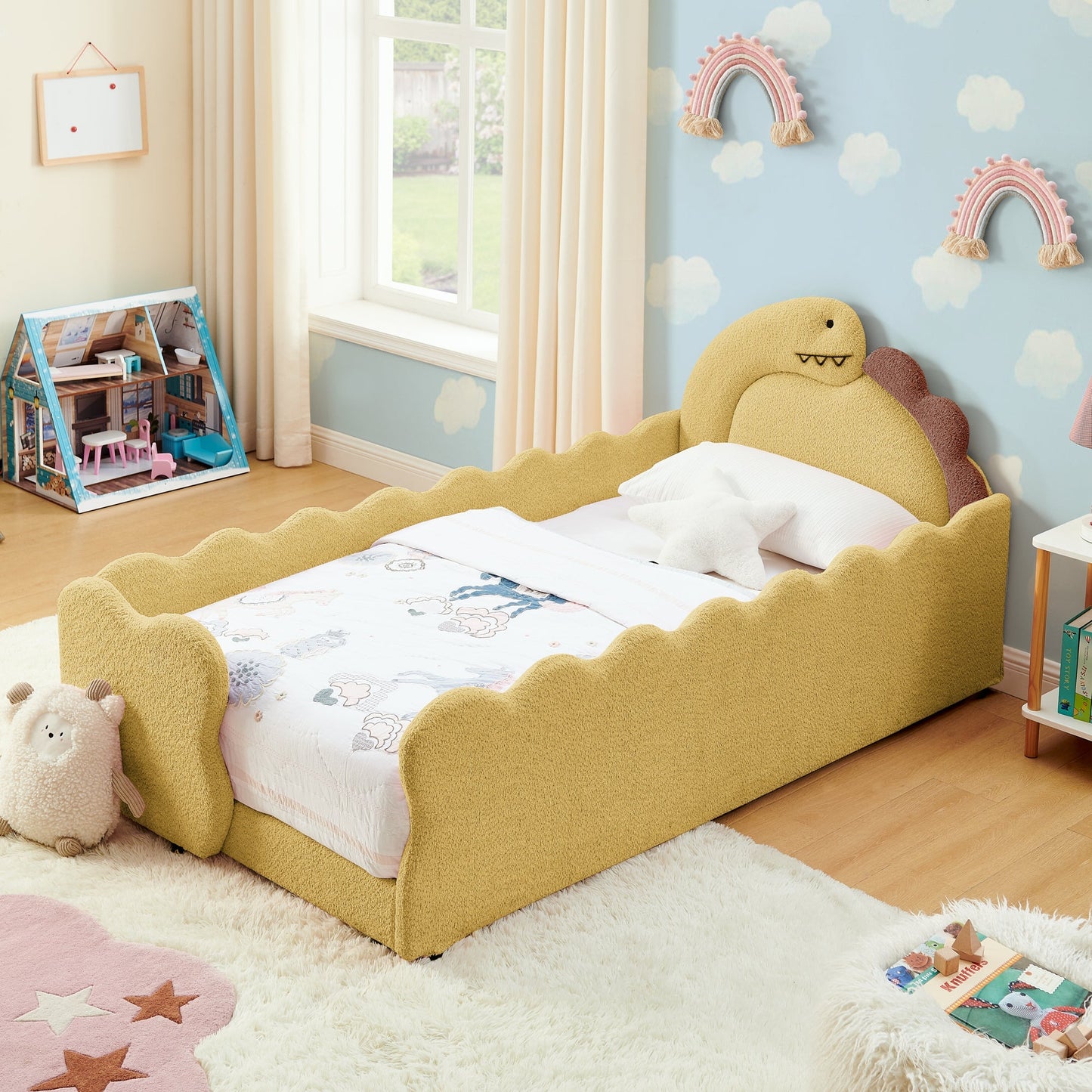 Twin size dinosaur-shaped kids bed with safety guardrails in soft yellow by HouseOfZazla on Tampa Home & Garden Store