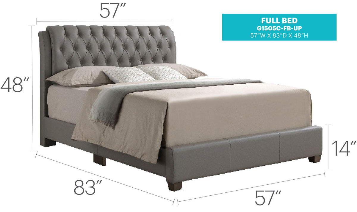 HouseOfZazla tufted upholstered bed with gray headboard, full 57W x 83D x 48H, beige bedding on Tampa Home & Garden Store