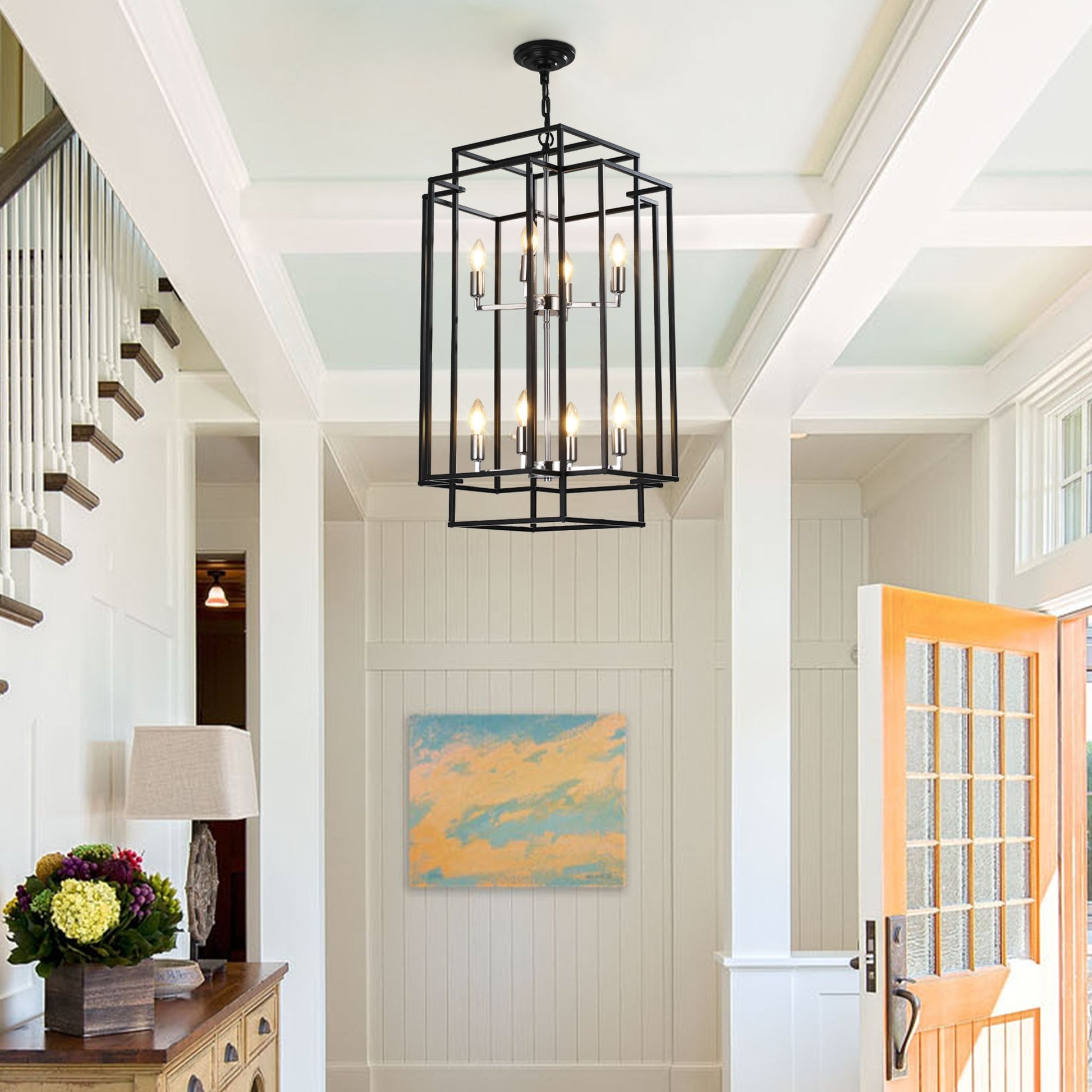 18' Modern 8-Light Black & Chrome Geometric Pendant Chandelier with black frame and candle bulbs on Tampa Home & Garden Store