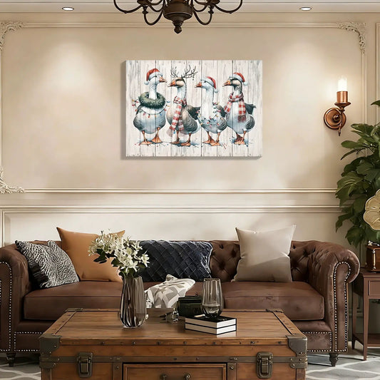 Framed vintage duck wall art print on wood panel canvas with Christmas hats and plaid scarves on Tampa Home & Garden Store