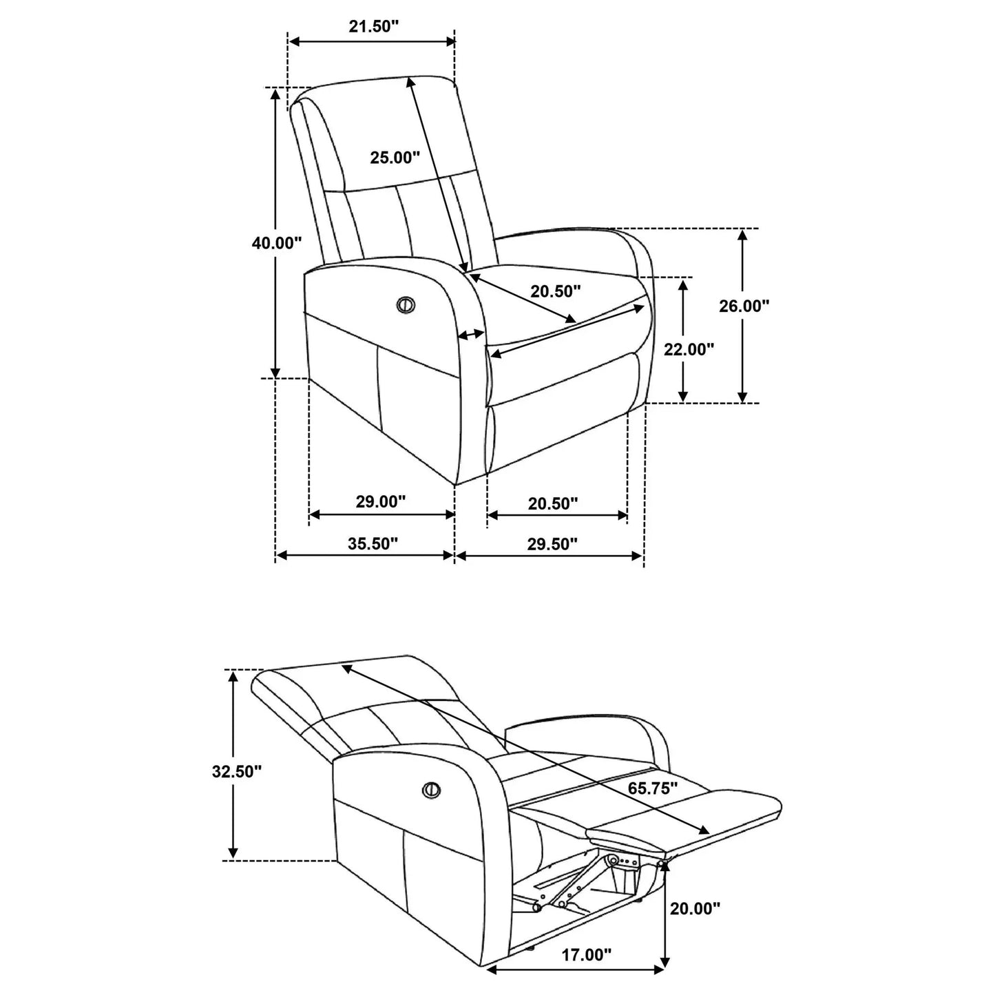 Meglia Power Recliner Chair by Unique Piece Furniture line drawing with dimensions on Tampa Home & Garden Store
