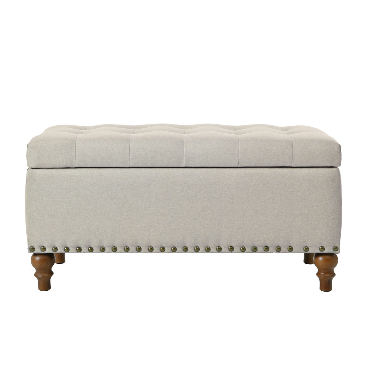 Storage ottoman HouseOfZazla beige gray fabric rivet trim bun feet on Tampa Home & Garden Store