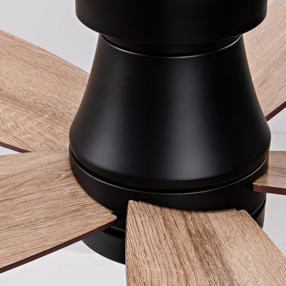Ceiling fan base with black finish and natural wood blades, flush mount on Tampa Home & Garden Store