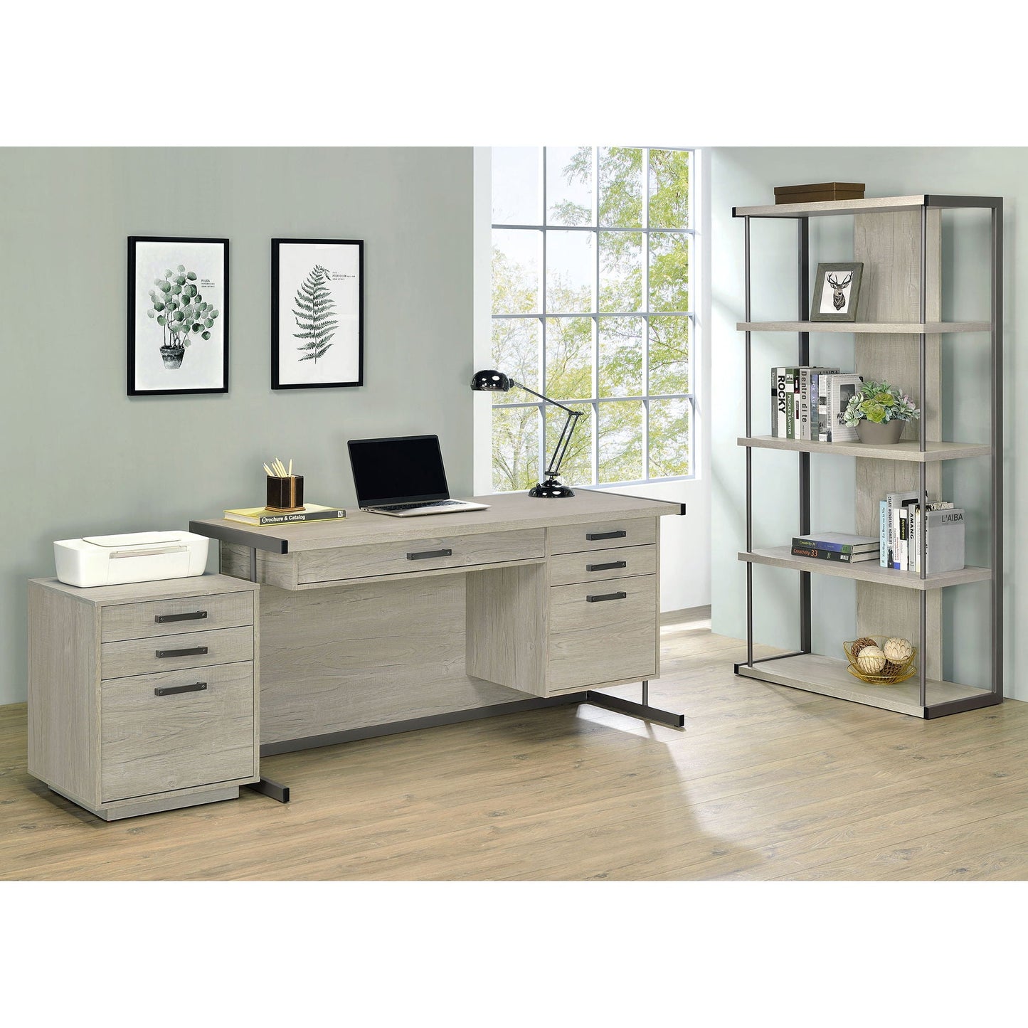 Brisley Office Desk with adjustable keyboard tray and 3-drawer storage beige/gray HouseOfZazla on Tampa Home & Garden Store
