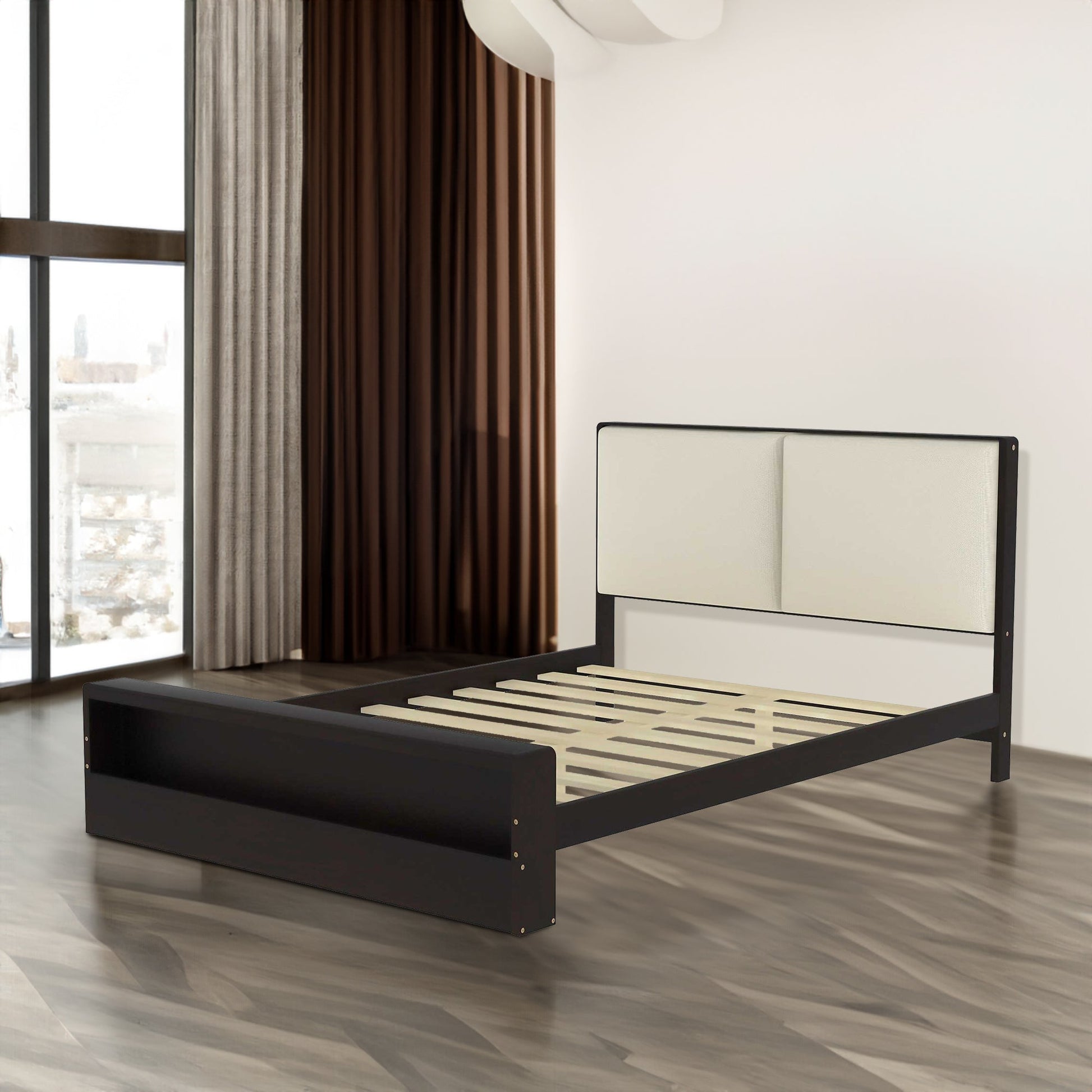 Queen Size Platform Bed Frame with Upholstery Headboard and Bookshelf in Footboard and LED Light Strips, Espresso - Tampa Home & Garden Store