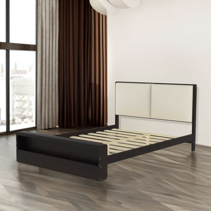 Queen Size Platform Bed Frame with Upholstery Headboard and Bookshelf in Footboard and LED Light Strips, Espresso - Tampa Home & Garden Store