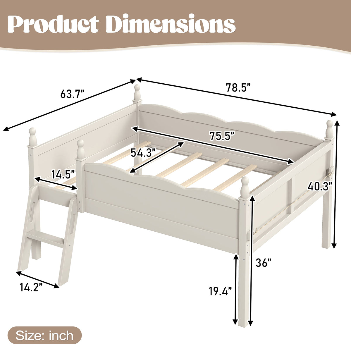 Full size low loft bed with full-length guardrails, white wooden frame, HouseOfZazla on Tampa Home & Garden Store