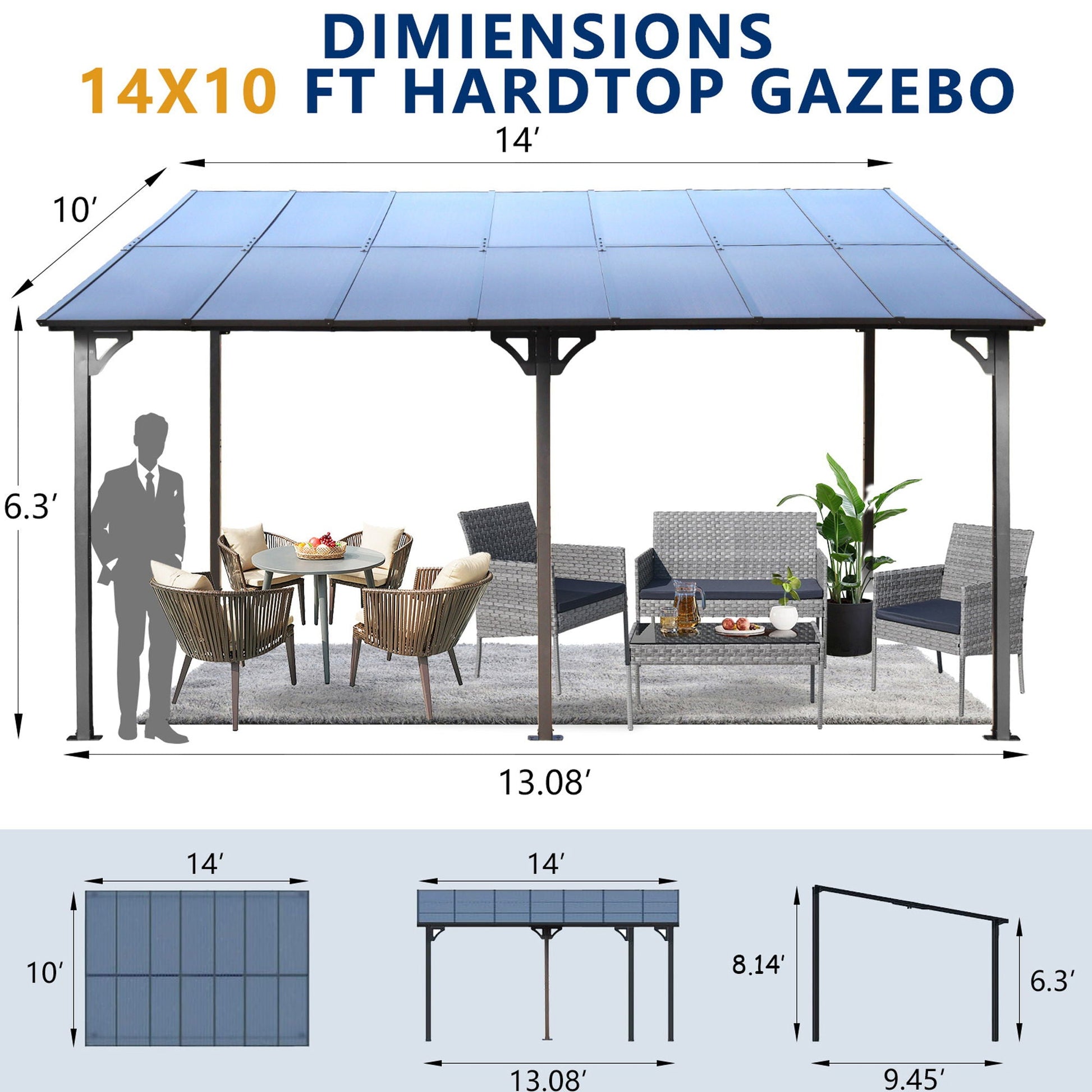 Wall Mounted Pergola Gazebo with 14x10 ft hardtop blue roof and steel frame HouseOfZazla on Tampa Home & Garden Store