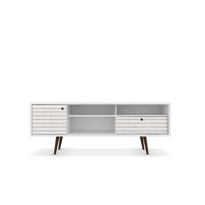 TV stand with wire management and storage, white frame with brown slatted drawers, tapered legs on Tampa Home & Garden Store