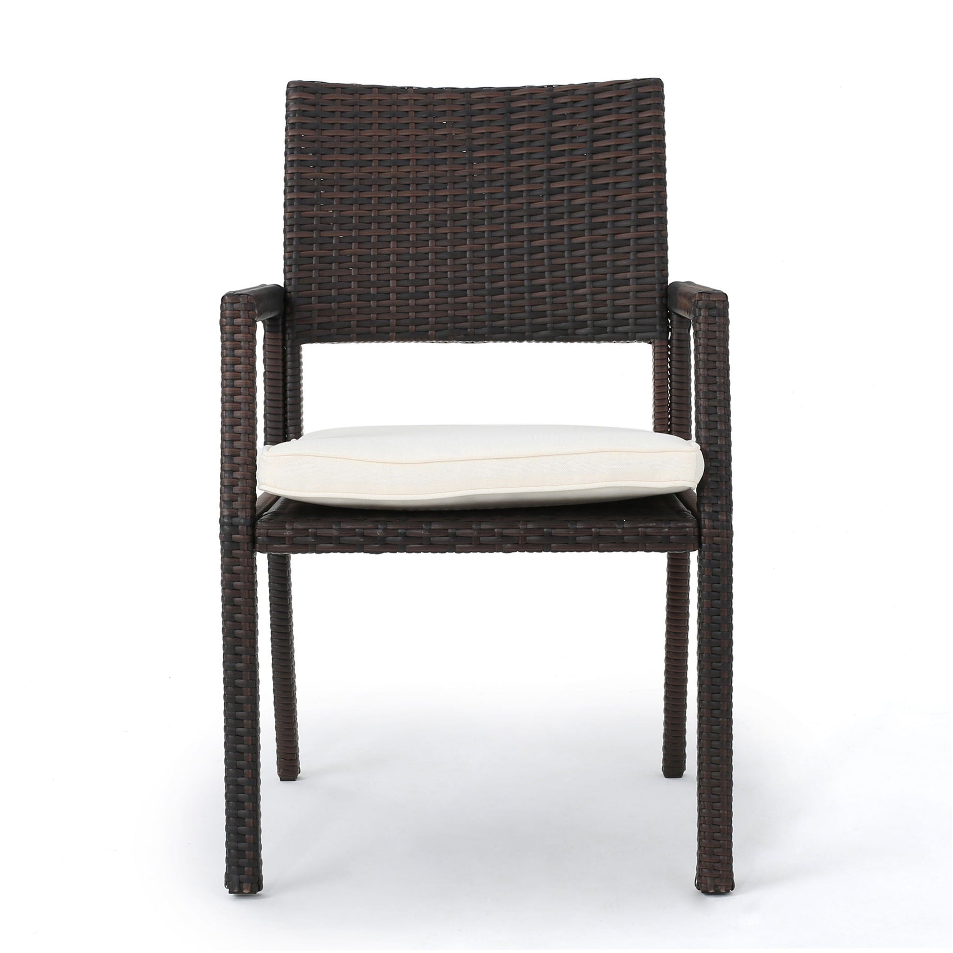 Outdoor wicker dining chairs set of 2 with brown wicker and white water-resistant cushions on Tampa Home & Garden Store