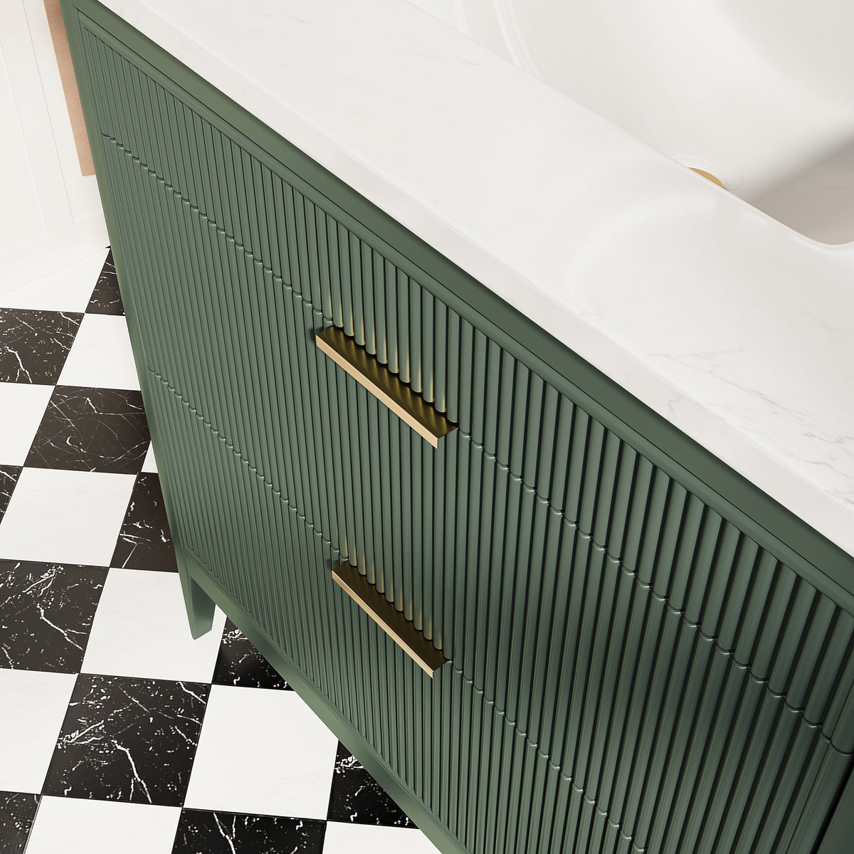 36-inch wood bathroom vanity in grey-green with white marble top and brass hardware HouseOfZazla on Tampa Home & Garden Store