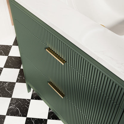 36-inch wood bathroom vanity in grey-green with white marble top and brass hardware HouseOfZazla on Tampa Home & Garden Store