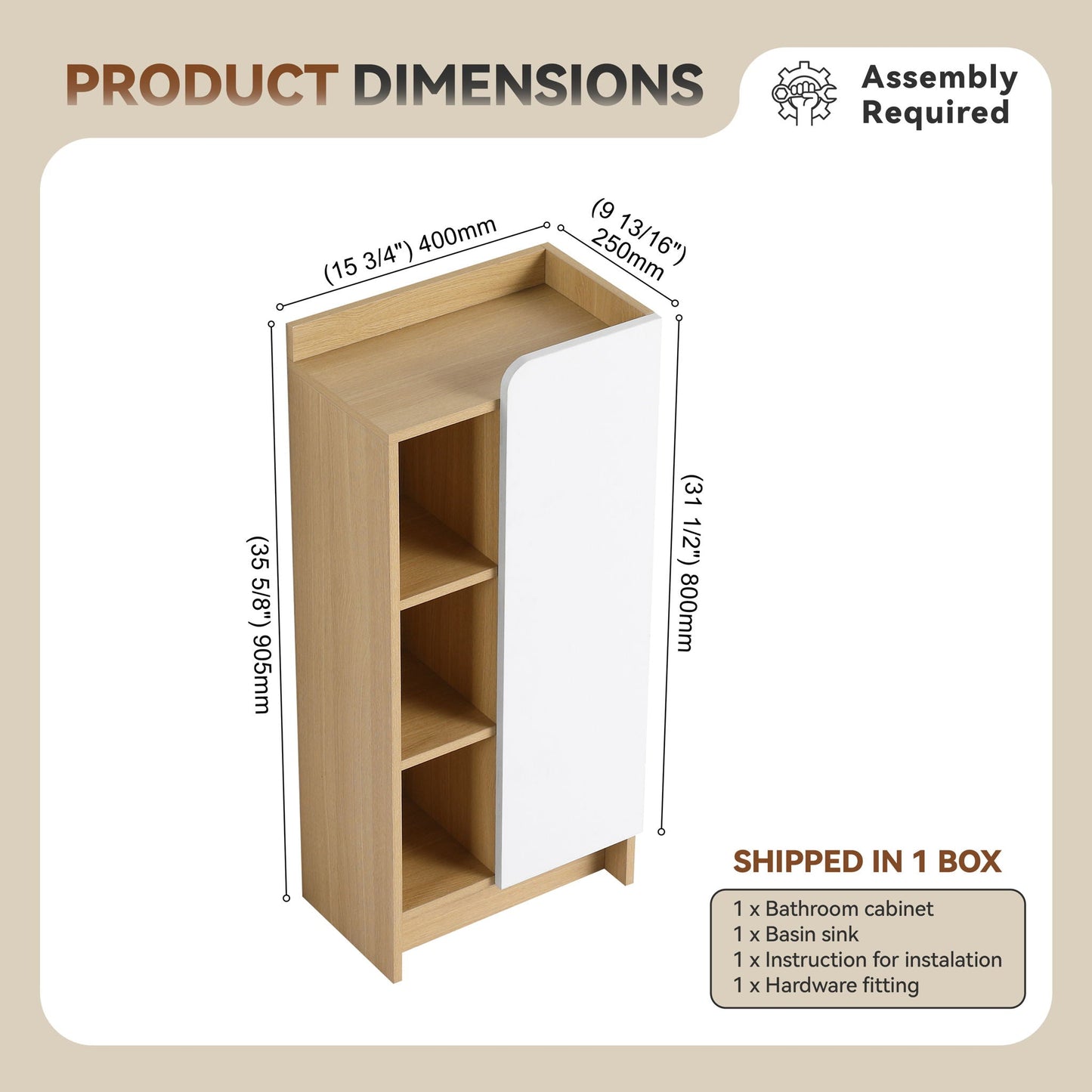 Freestanding bathroom side cabinet narrow with white door and light oak interior, 3 shelves on Tampa Home & Garden Store