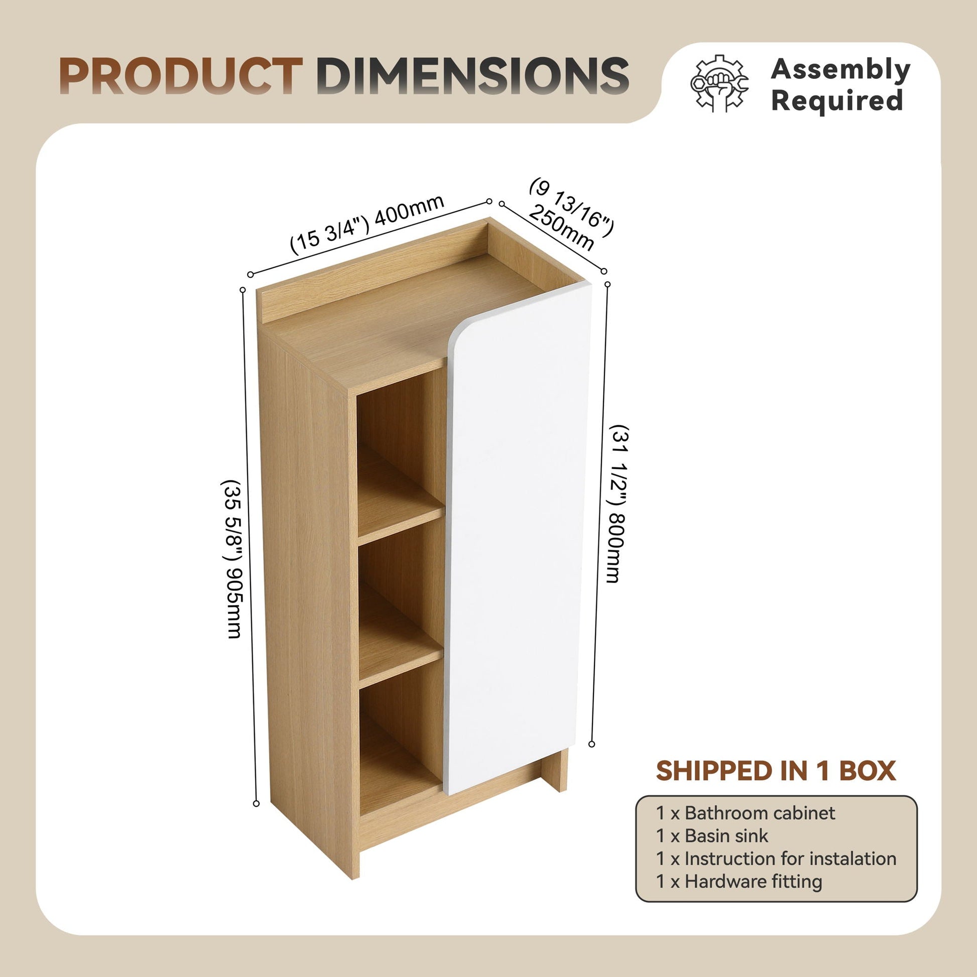 Freestanding bathroom side cabinet narrow with white door and light oak interior, 3 shelves on Tampa Home & Garden Store
