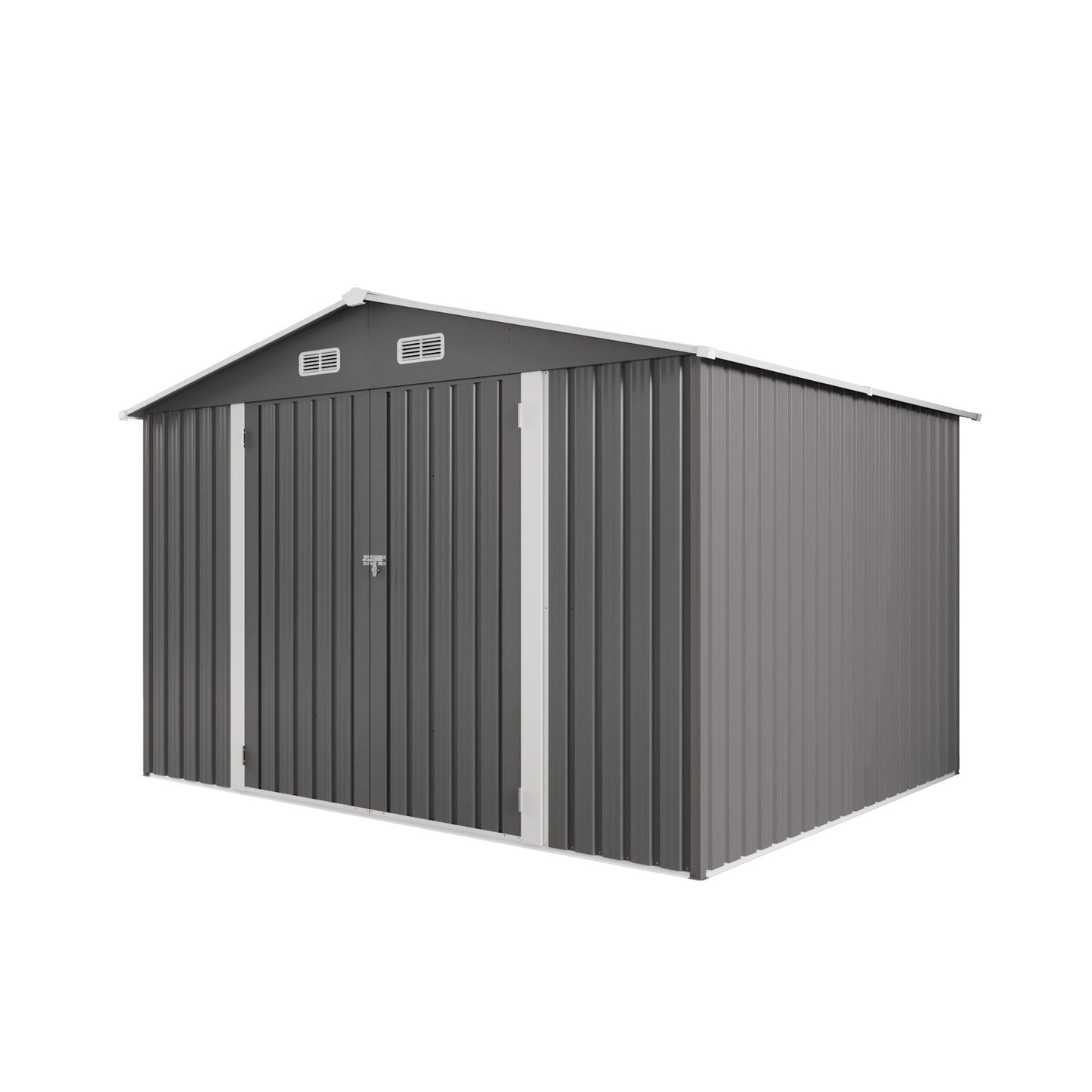Large outdoor storage shed HouseOfZazla with lockable door and air vents, gray metal siding on Tampa Home & Garden Store