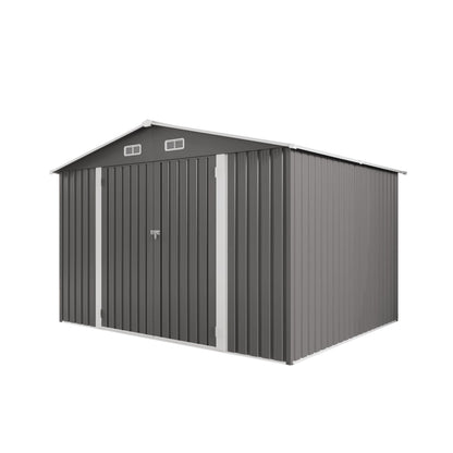 Large outdoor storage shed HouseOfZazla with lockable door and air vents, gray metal siding on Tampa Home & Garden Store