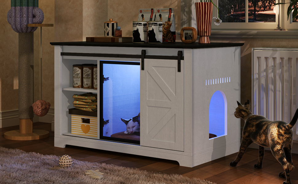 46in Farmhouse Cat Litter Box Enclosure with Sliding Barn Door, blue interior light, two cats on Tampa Home & Garden Store