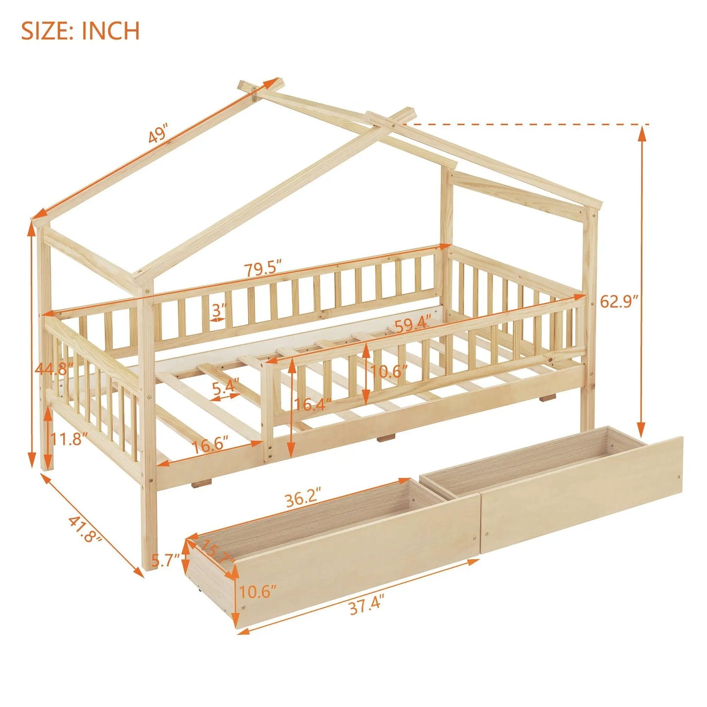 House bed with 2 drawers in natural wood, storage bed by Unique Piece Furniture on Tampa Home & Garden Store