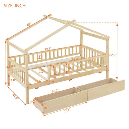 House bed with 2 drawers in natural wood, storage bed by Unique Piece Furniture on Tampa Home & Garden Store