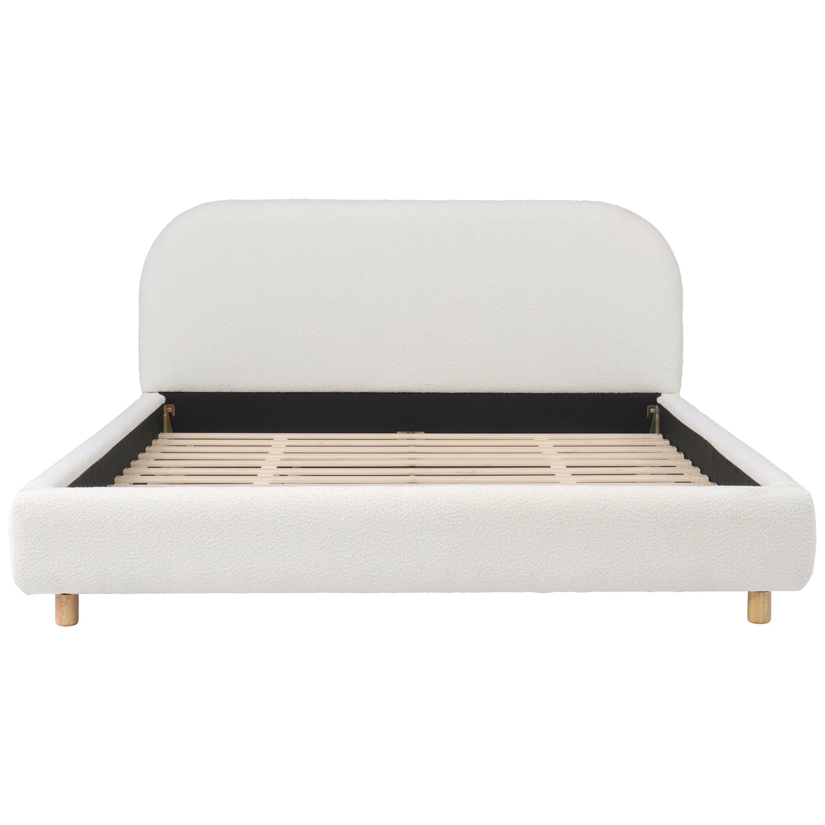 Queen Size Boucle Fabric Upholstered Bed headboard, black frame with wooden legs and slatted base on Tampa Home & Garden Store