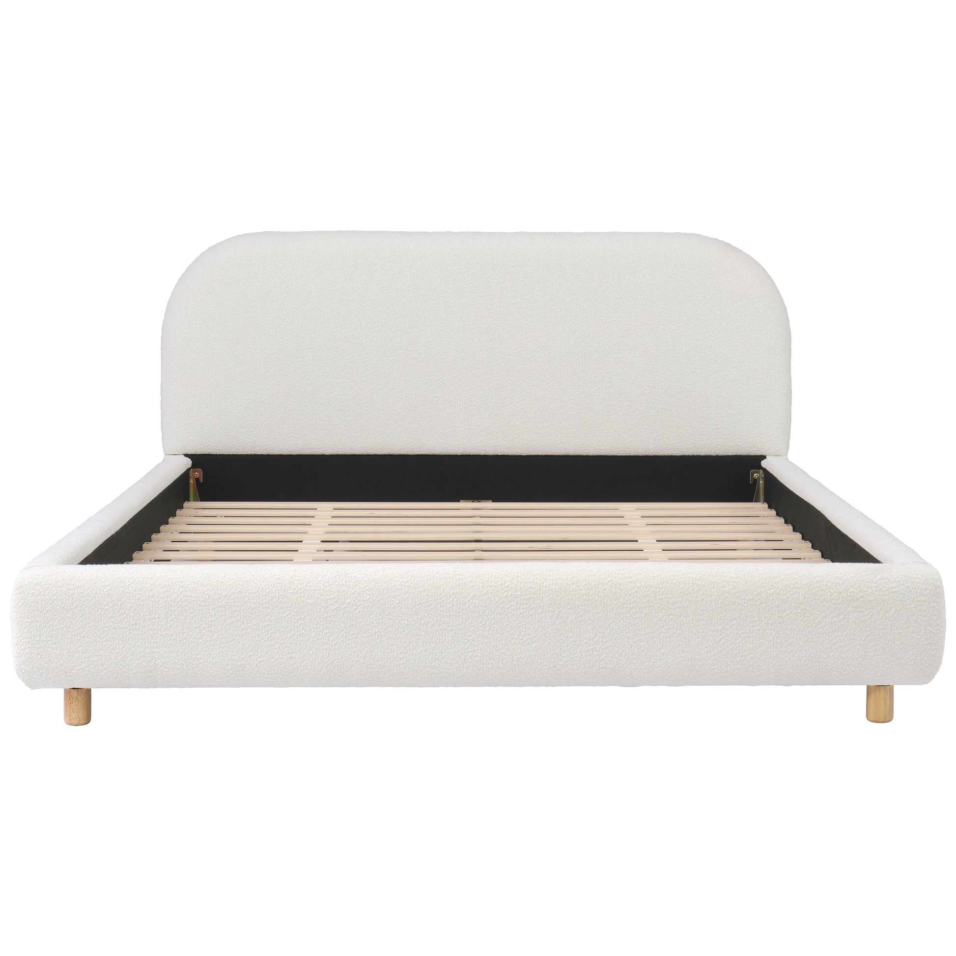 Queen Size Boucle Fabric Upholstered Bed headboard, black frame with wooden legs and slatted base on Tampa Home & Garden Store