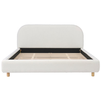 Queen Size Boucle Fabric Upholstered Bed headboard, black frame with wooden legs and slatted base on Tampa Home & Garden Store