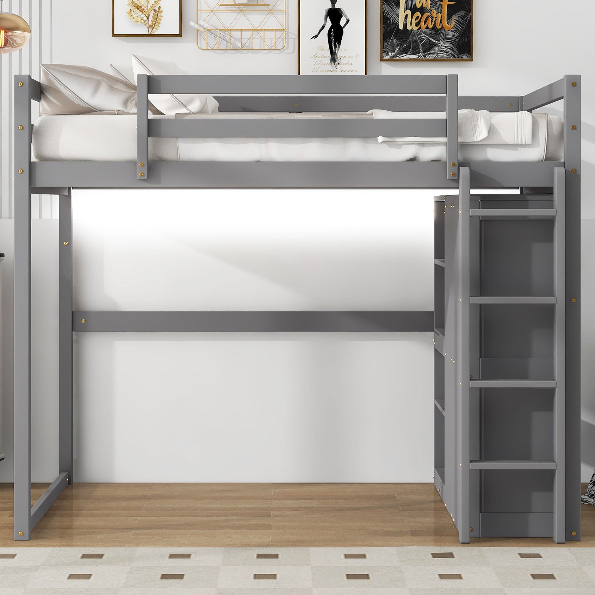 Loft bed in gray with built-in wardrobe, storage shelves, and LED light on Tampa Home & Garden Store