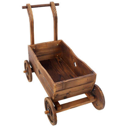 Wooden wagon planter box on wheels brown with drain holes on Tampa Home & Garden Store