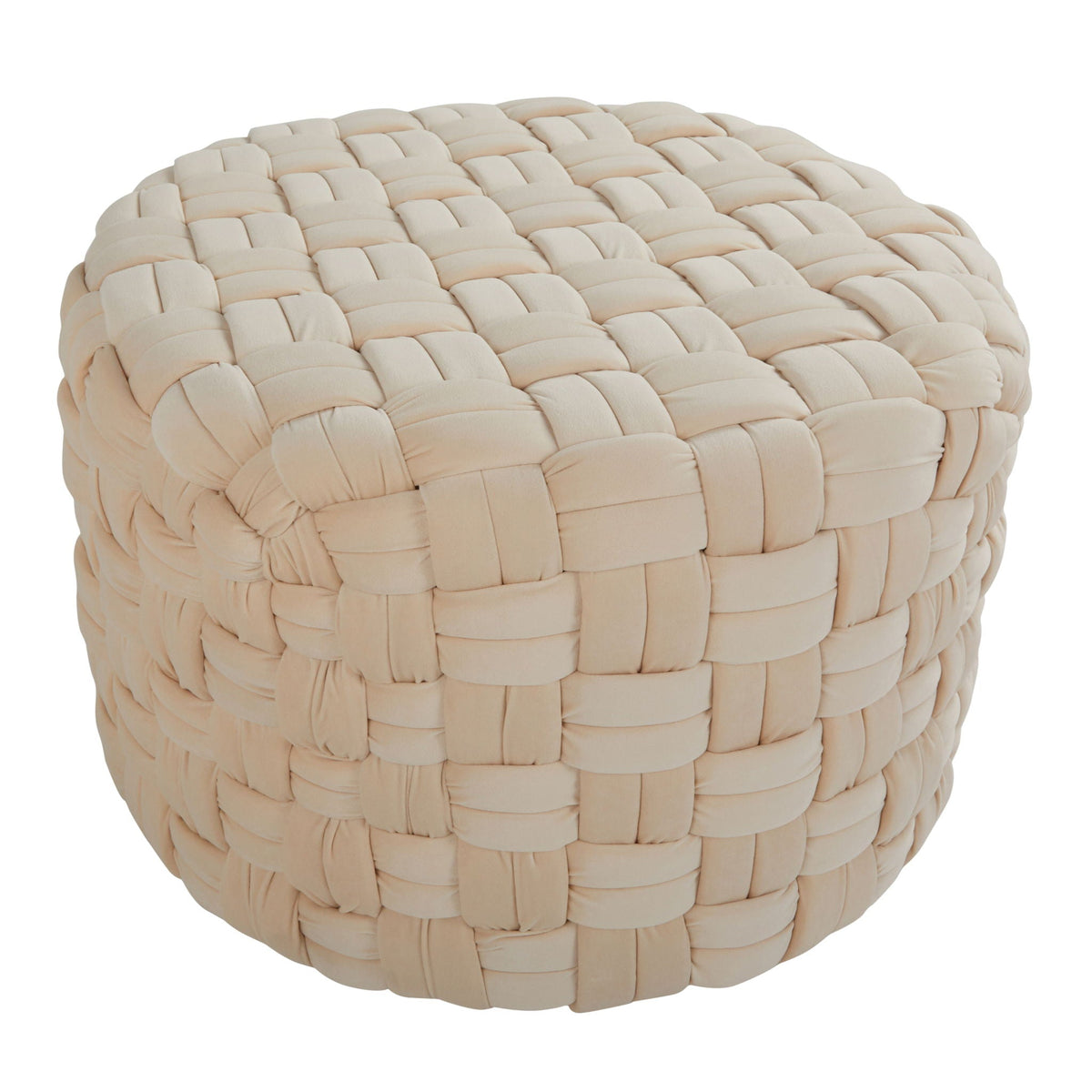 Braided Round Ottoman in soft beige fabric with chunky woven bands for versatile seating on Tampa Home & Garden Store
