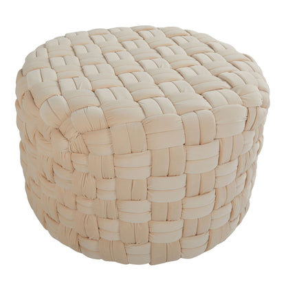 Braided Round Ottoman in soft beige fabric with chunky woven bands for versatile seating on Tampa Home & Garden Store