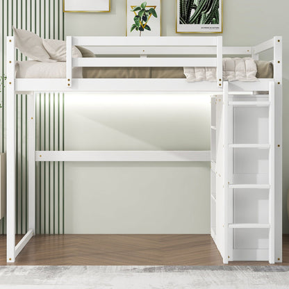 Loft bed with built-in wardrobe and storage shelves, white frame, ladder, beige bedding on Tampa Home & Garden Store