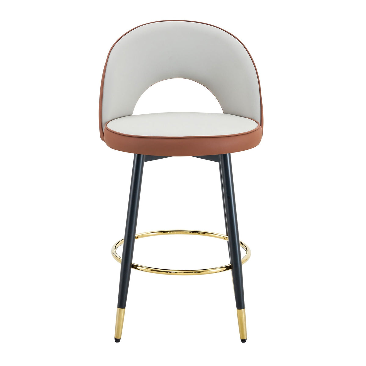 Upholstered rotatable bar chair with back, light gray cushion, brown trim, metal legs on Tampa Home & Garden Store