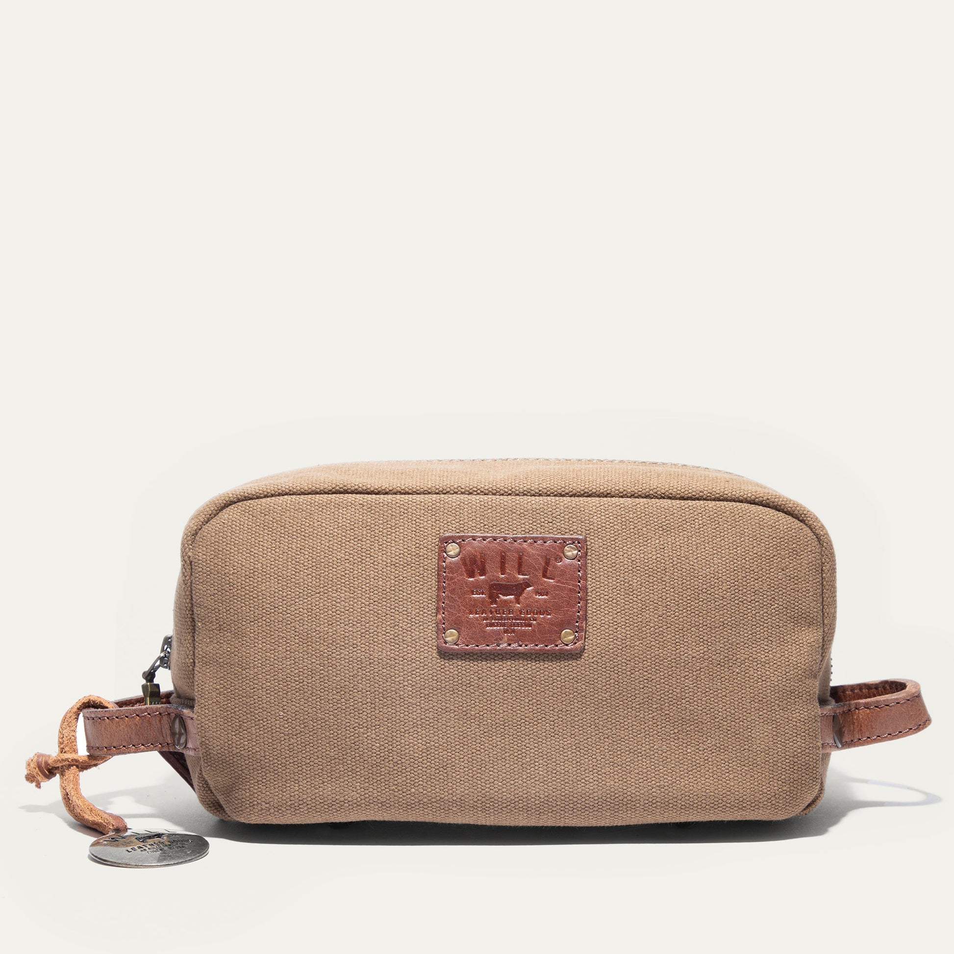 Commuter Travel Kit toiletry bag by Will Leather Goods in brown canvas with leather patch on Tampa Home & Garden Store