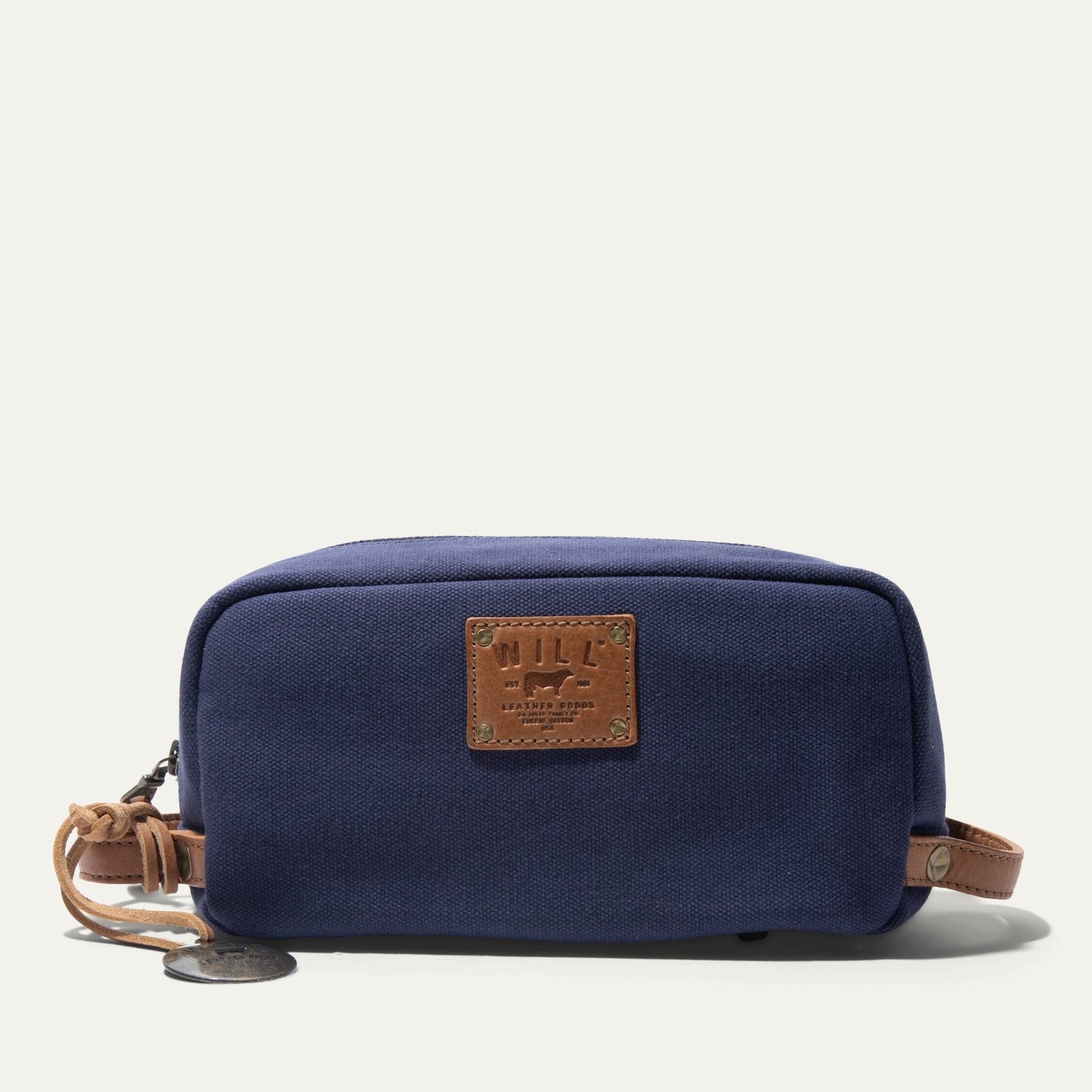 Commuter Travel Kit toiletry bag in navy canvas with tan leather patch by Will Leather Goods on Tampa Home & Garden Store