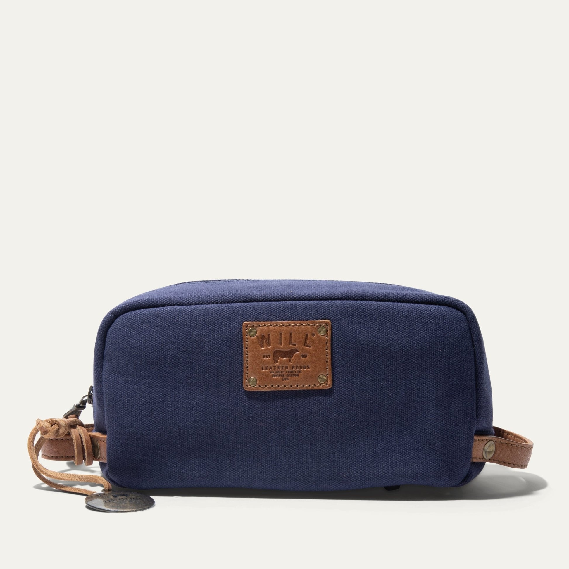 Commuter Travel Kit toiletry bag in navy canvas with tan leather patch by Will Leather Goods on Tampa Home & Garden Store
