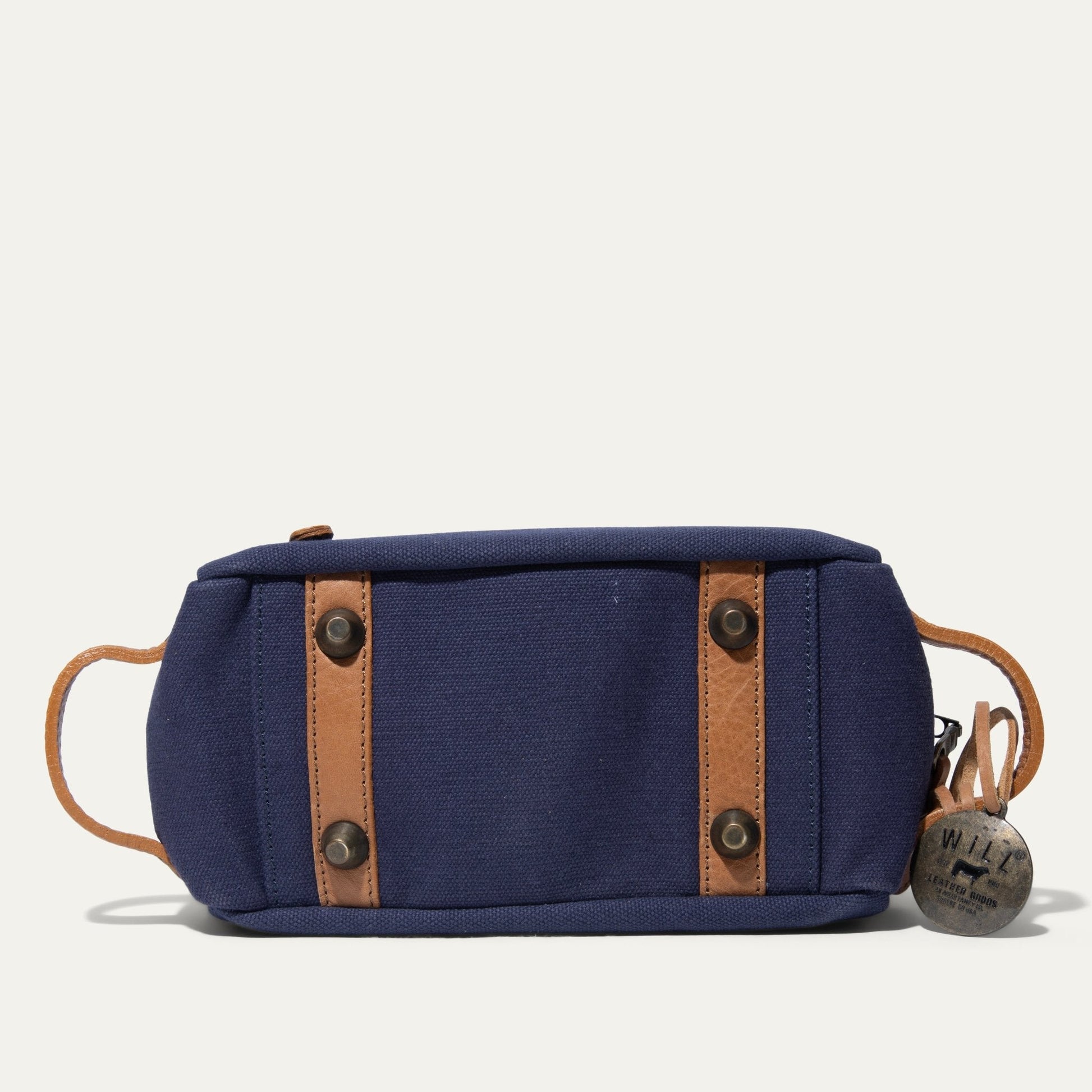 Toiletry bag Commuter Travel Kit in navy canvas with tan leather straps by Will Leather Goods on Tampa Home & Garden Store
