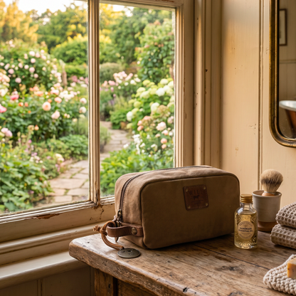 Commuter Travel Kit toiletry bag in brown canvas with leather patch by Will Leather Goods on Tampa Home & Garden Store