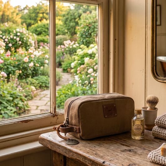 Commuter Travel Kit toiletry bag in brown canvas with leather patch by Will Leather Goods on Tampa Home & Garden Store
