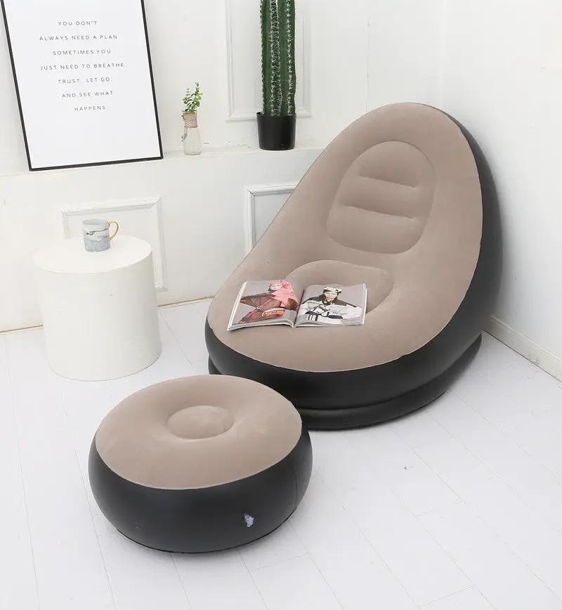 Lazy Bean Bag with Inflatable Folding Sofa; beige top, black base, 2-piece with ottoman on Tampa Home & Garden Store