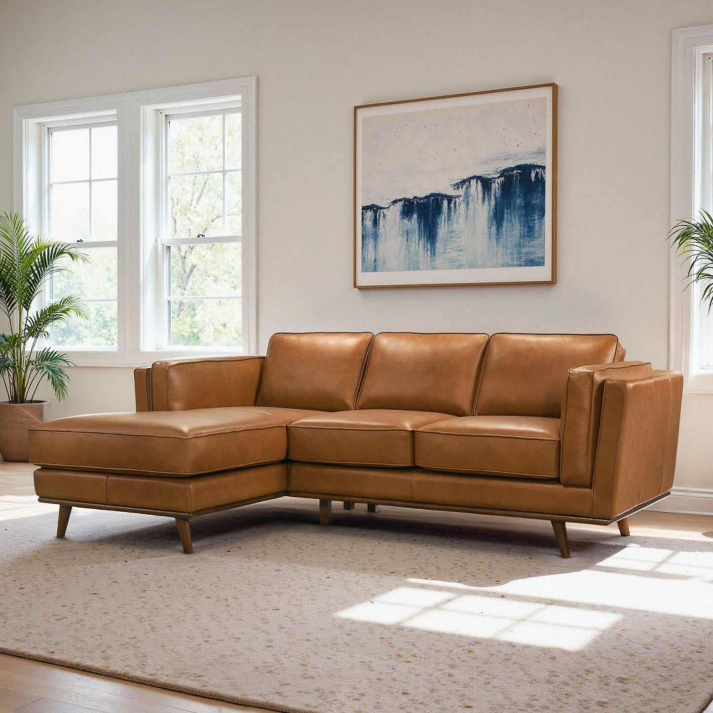 Chase sectional sofa by HouseOfZazla in tan leather with slim wooden legs in living room on Tampa Home & Garden Store