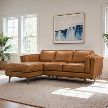 Chase sectional sofa by HouseOfZazla in tan leather with slim wooden legs in living room on Tampa Home & Garden Store