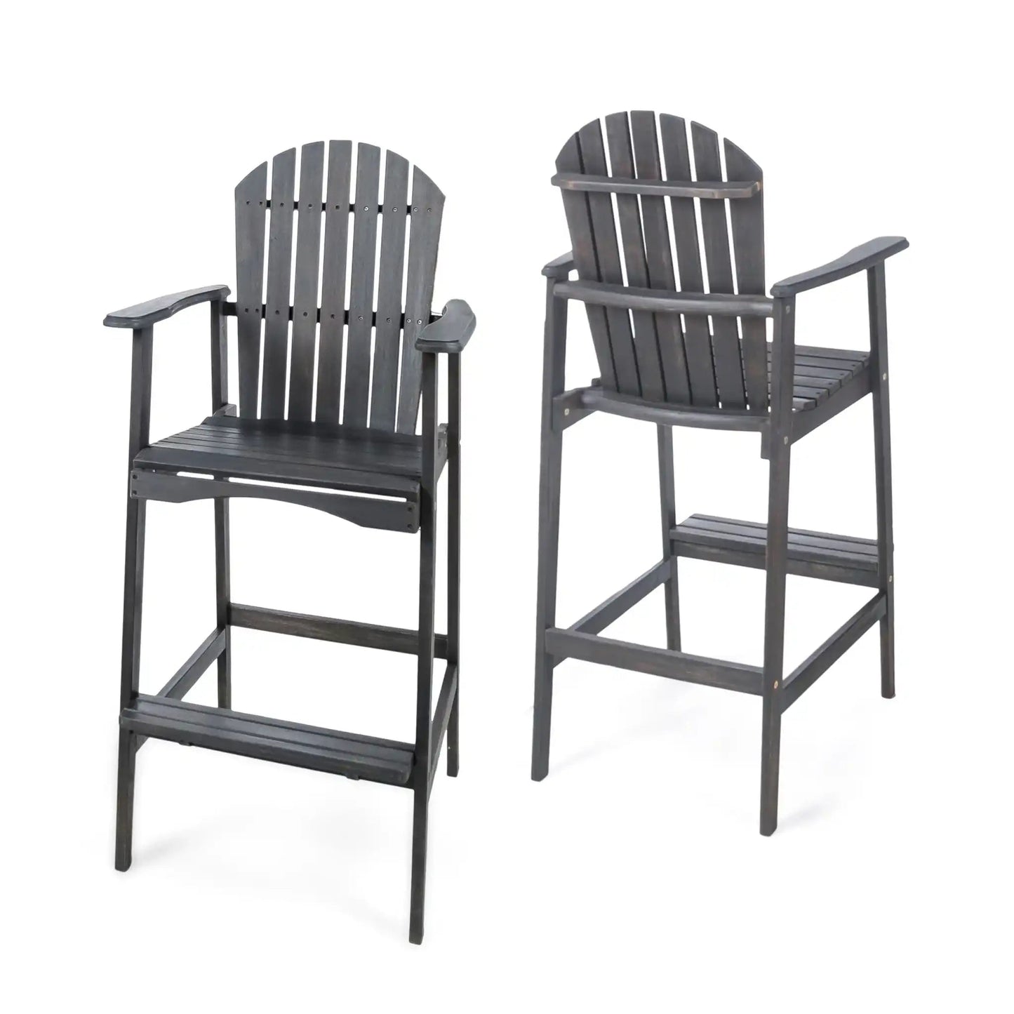 Outdoor Acacia Wood Adirondack Barstools (Set of 2) in dark gray with slatted backs on Tampa Home & Garden Store