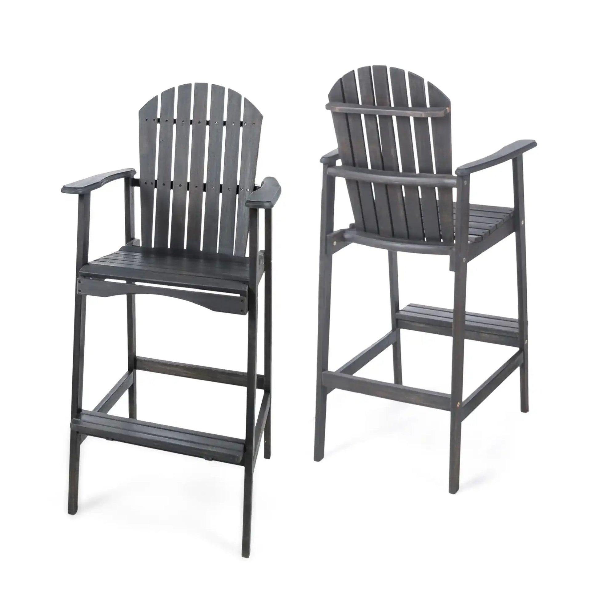 Outdoor Acacia Wood Adirondack Barstools (Set of 2) in dark gray with slatted backs on Tampa Home & Garden Store