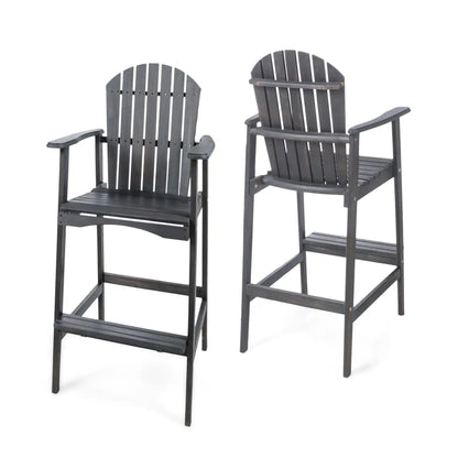 Outdoor Acacia Wood Adirondack Barstools (Set of 2) in dark gray with slatted backs on Tampa Home & Garden Store