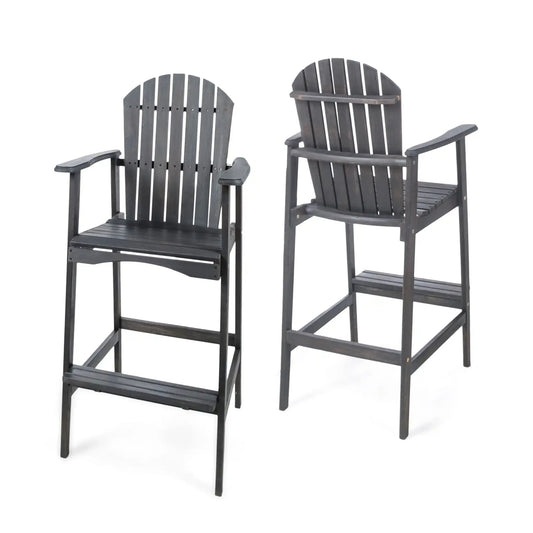 Outdoor Acacia Wood Adirondack Barstools (Set of 2) in dark gray with slatted backs on Tampa Home & Garden Store