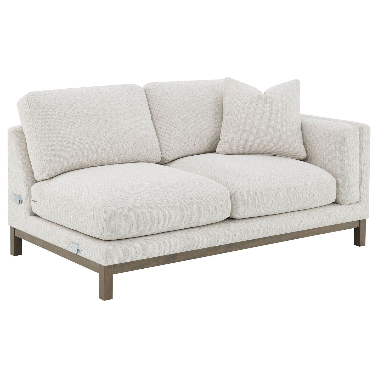 O'Brien sectional sofa with left chaise in sand fabric, beige upholstery, dark wood legs on Tampa Home & Garden Store