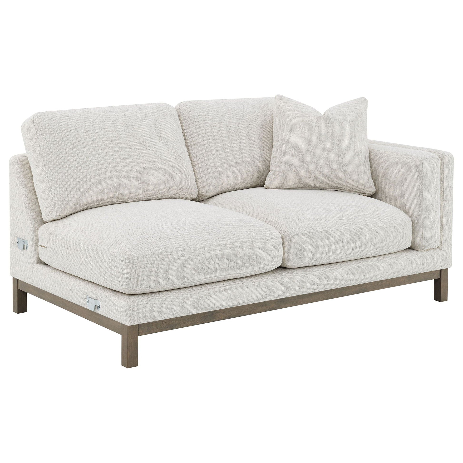O'Brien sectional sofa with left chaise in sand fabric, beige upholstery, dark wood legs on Tampa Home & Garden Store
