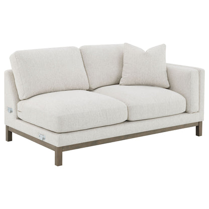 O'Brien sectional sofa with left chaise in sand fabric, beige upholstery, dark wood legs on Tampa Home & Garden Store