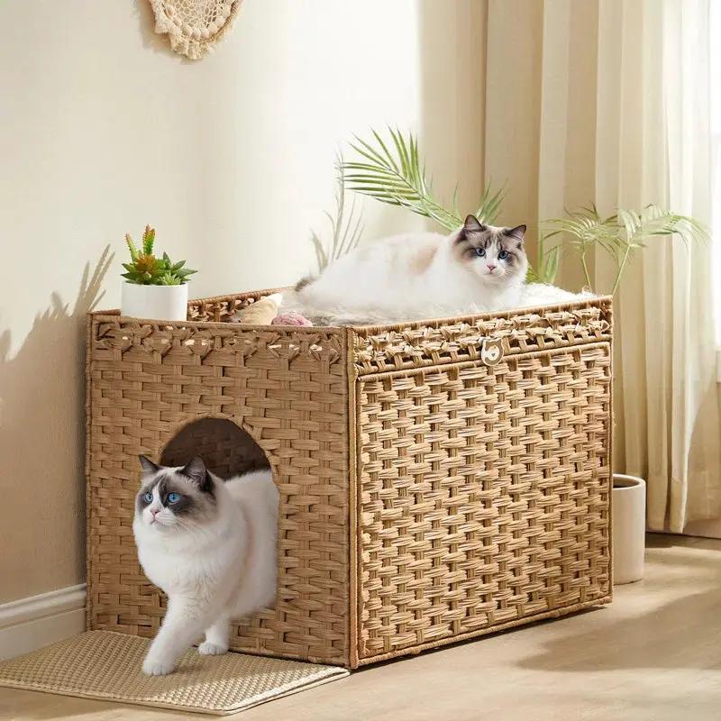 Handwoven rattan cat litter box cabinet with washable tray, The Max & Rex Collection, 2 cats on Tampa Home & Garden Store