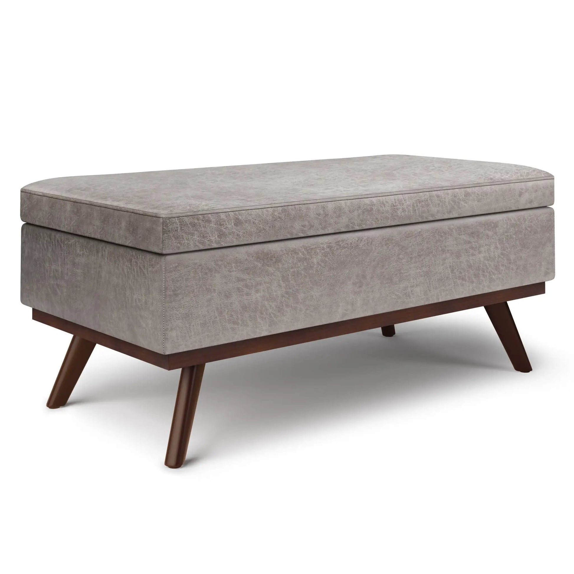 Owen lift-top storage ottoman beige textured fabric with mid-century angled wood legs on Tampa Home & Garden Store